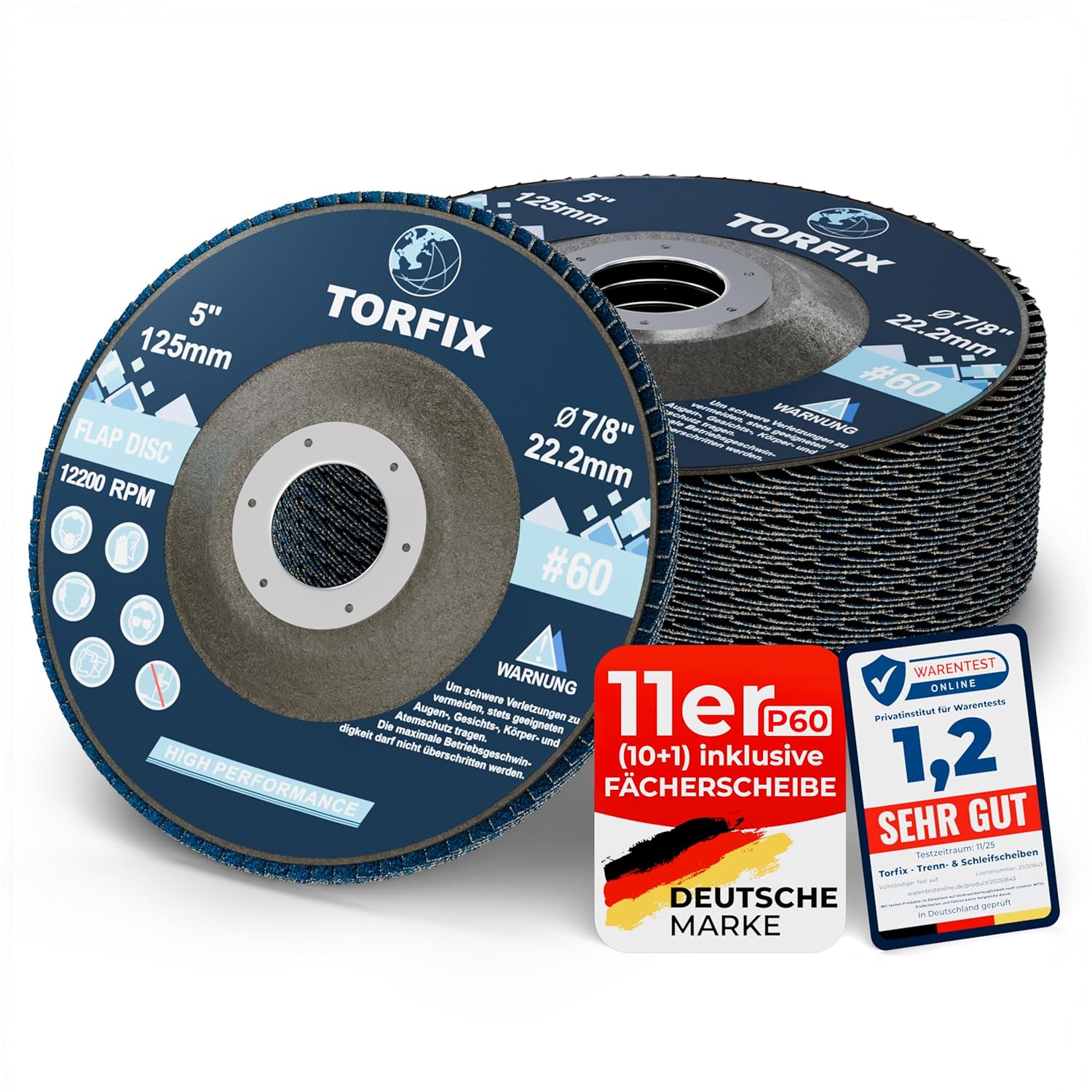 Torfix Fächerscheibe 125mm Korn P60 im 11er-Set für Winkelschleifer von Tornowerk.